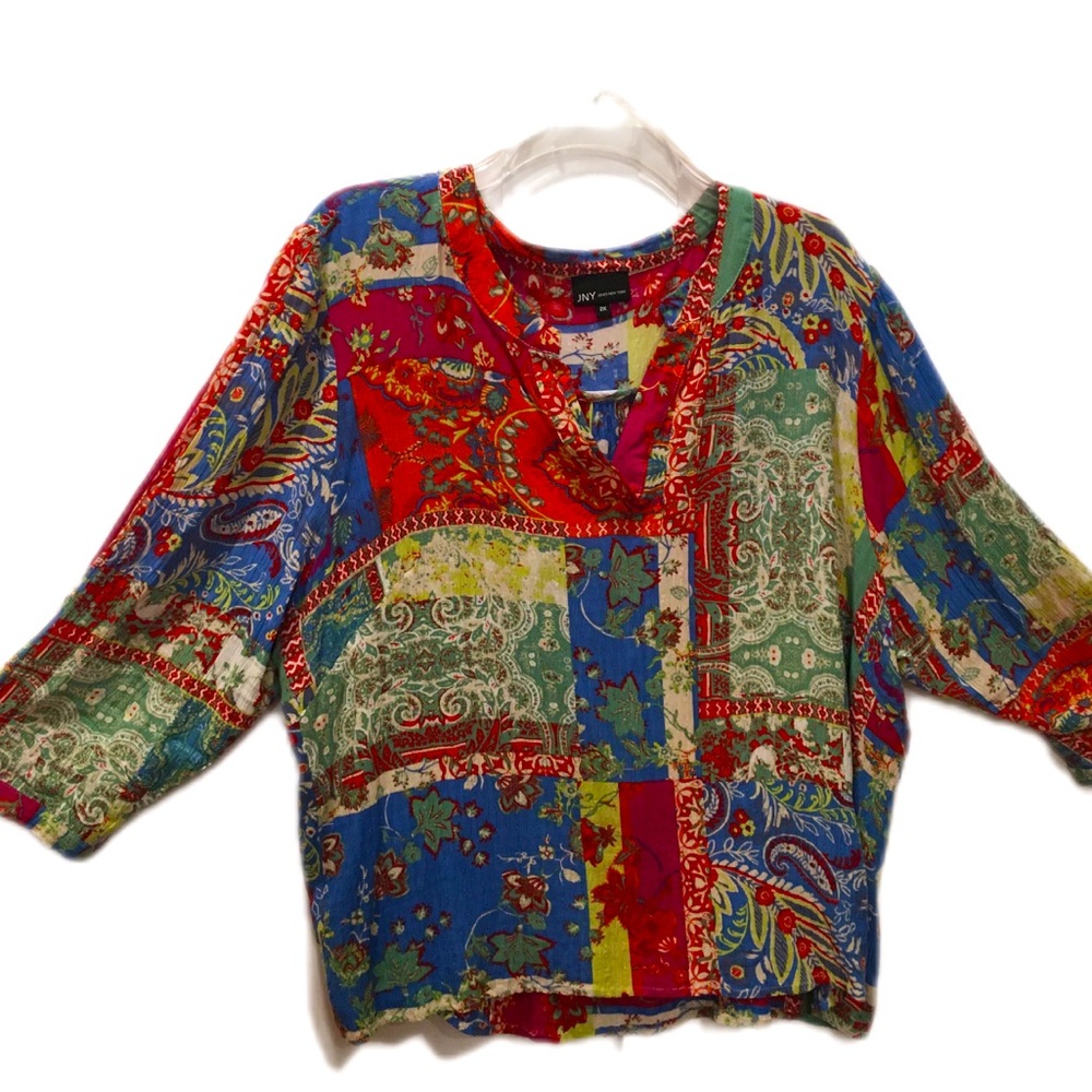 Women's 2X Jones New York Patchwork Gauzy BOHO Mid Length Sleeves with Ties NWOT